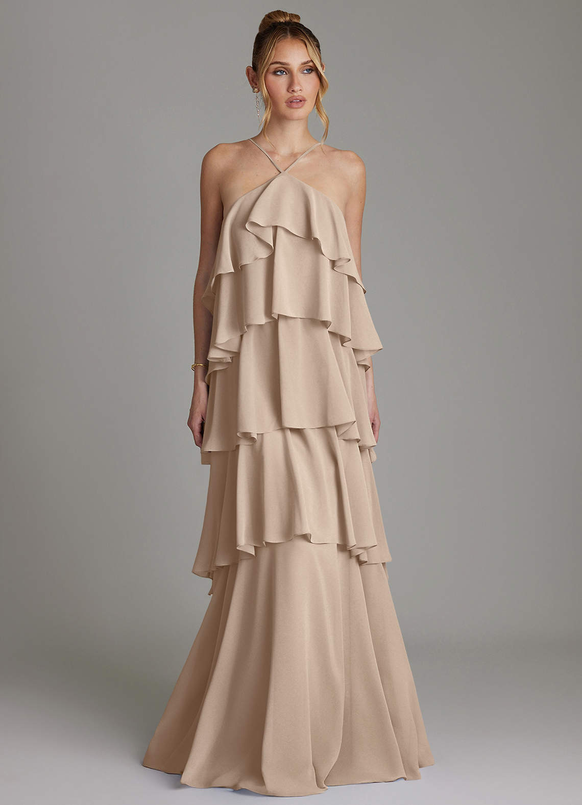 Azazie A-Line Halter Neck Floor-Length Chiffon Bridesmaid Dresses - taupe