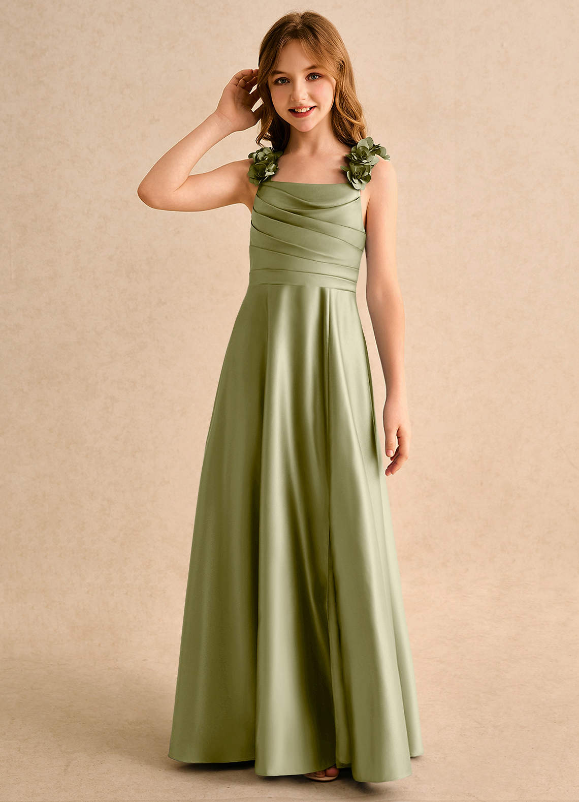 Azazie Rosita Girls Formal Flower Girl Dresses Moss Green A-Line Pleated Matte Satin Dress image5