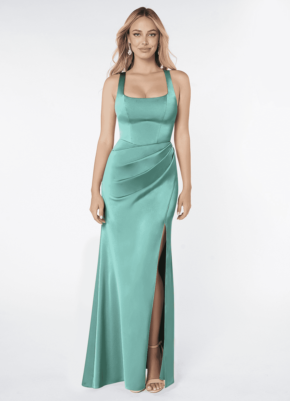 Azazie Mero Bridesmaid Dresses Aqua Sheath Pleated Stretch Satin Dress image1