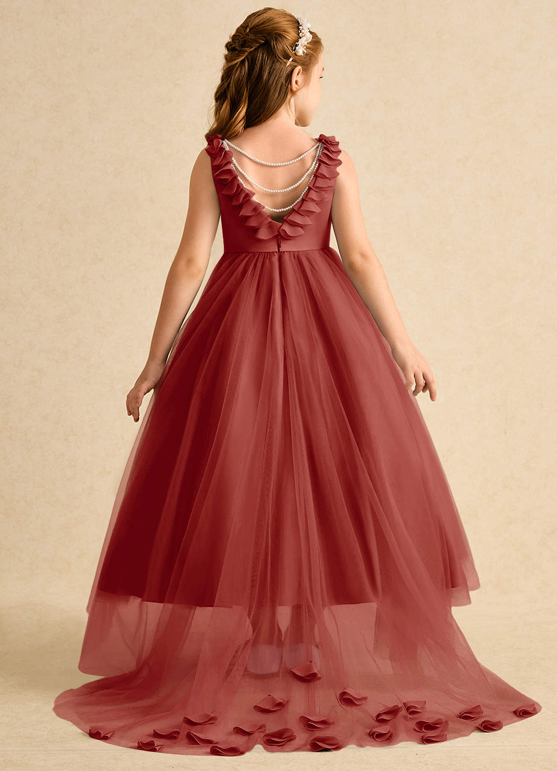 Azazie Lorita Flower Girl Dresses Terracotta A-Line Beaded Tulle Dress image1