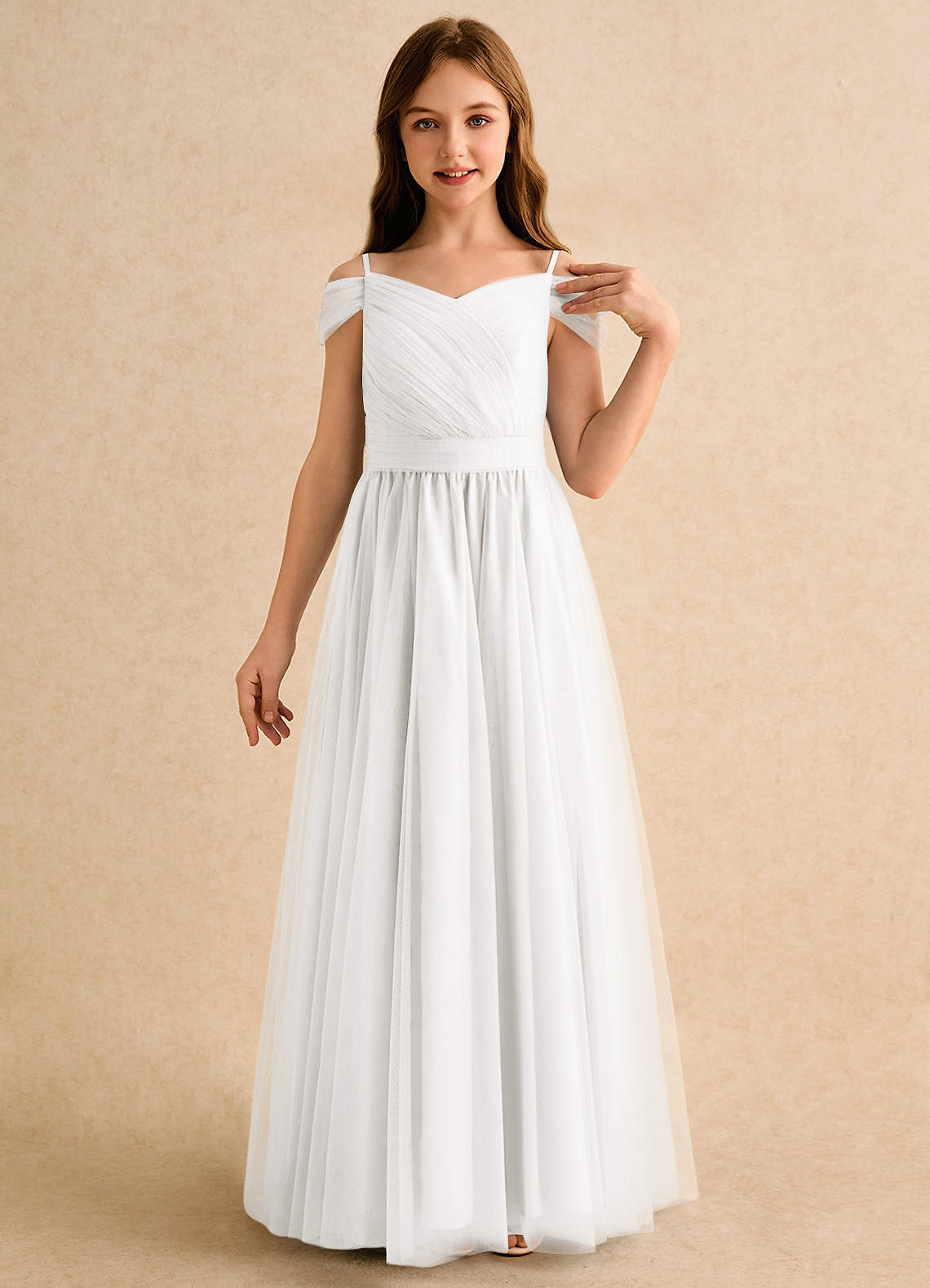 Azazie Yuna Girls Formal Kukkatyttöjen mekot A-linja Olkapään ulkopuolella Tylli Lattian pituus Pukeutua image5