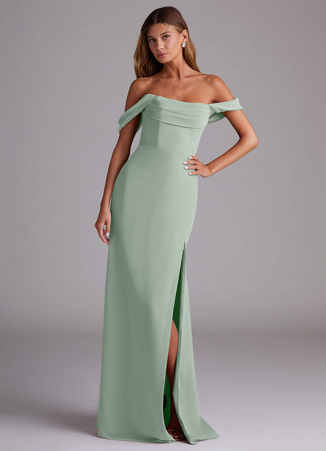 Azazie Saige Bridesmaid Dresses Agave A-Line Off the Shoulder Chiffon Convertible Dress image3