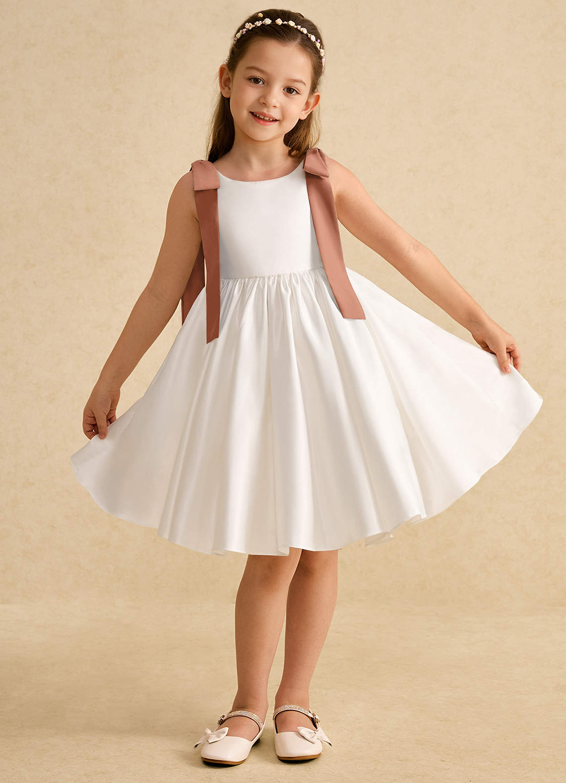 Azazie Stacie Flower Girl Dresses Ivory Bronzer A-Line Bow Matte Satin Dress image1