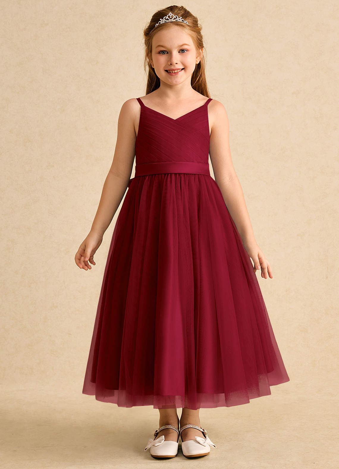 Azazie Patootie vestidos de niña de las flores Vestido de Borgoña de Tul de Corte En A con Tirante Espagueti image1