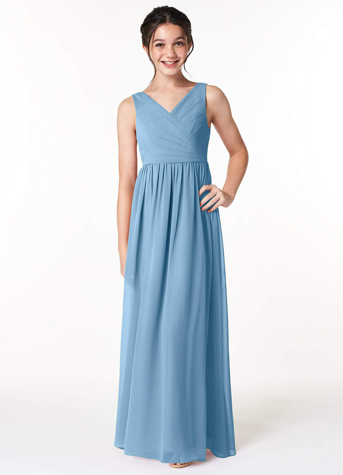 Azazie Sawyer Junior A-Linie Plissee Chiffon Kleid Stahlblau image1