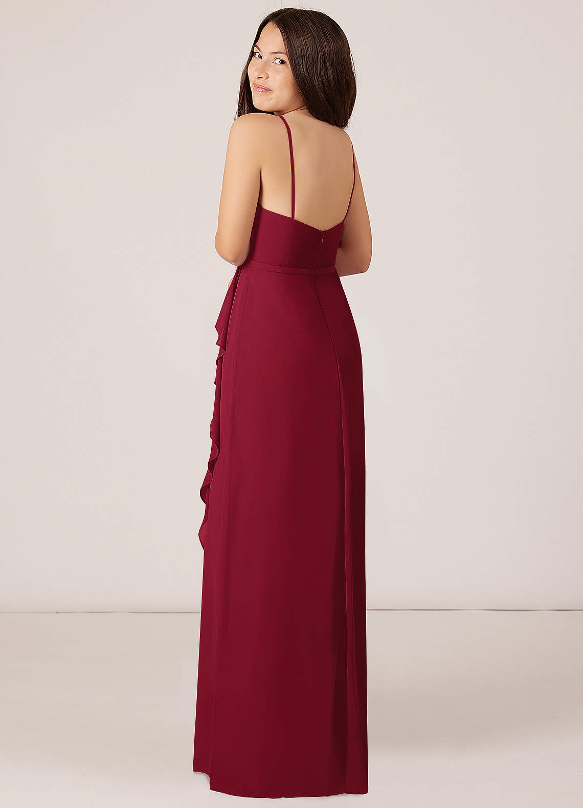 Azazie Kaylee Junior Vestido Borgonha de Chiffon de Linha A com com cinto image4