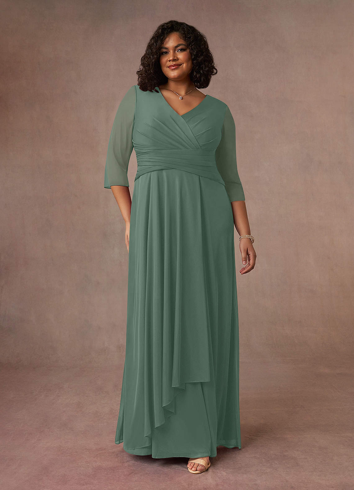 Azazie Annetta Mother of the Bride Dresses Eucalyptus A-Line V-Neck Pleated Mesh Dress image7