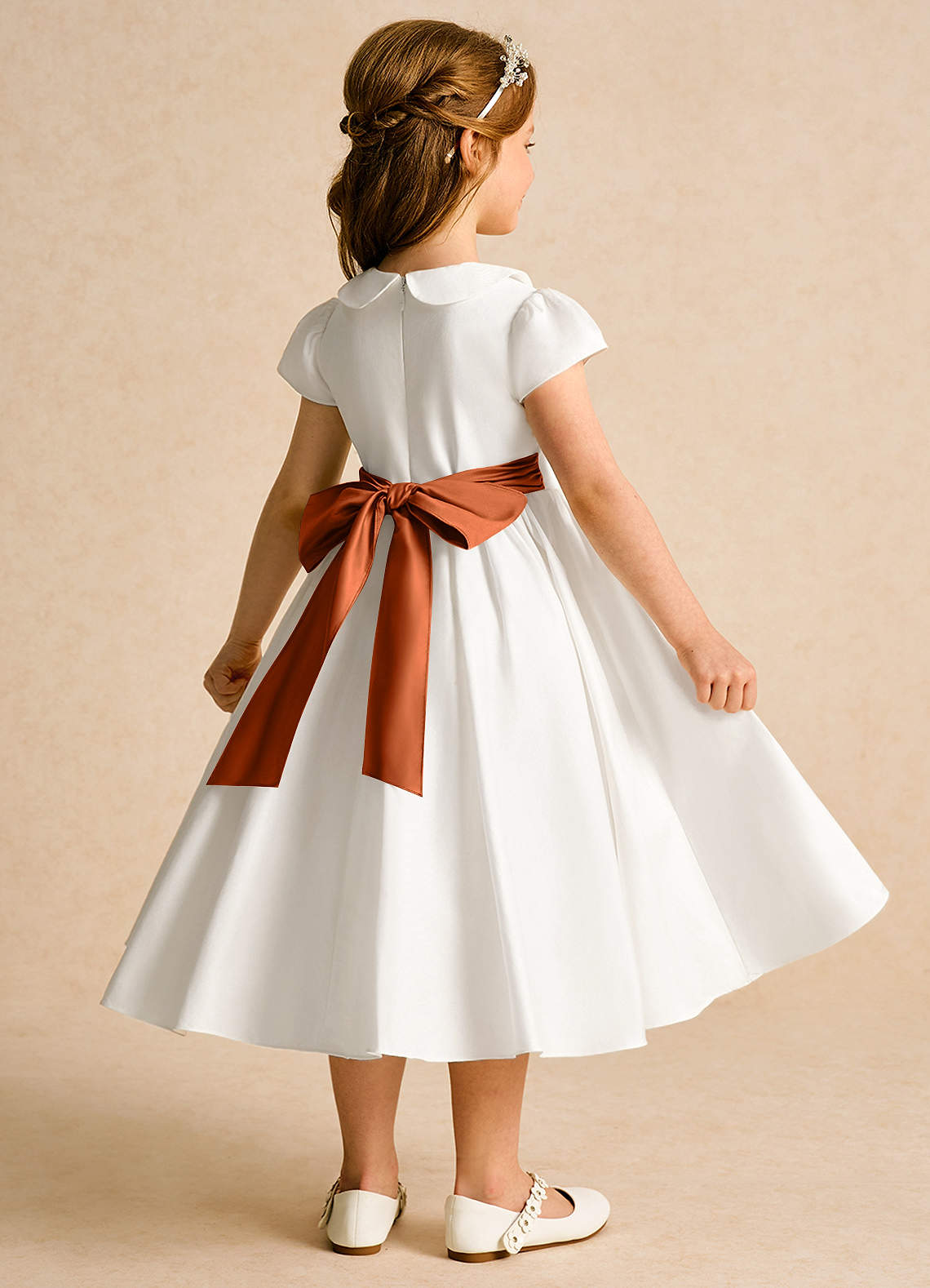 Azazie Deary Flower Girl Dresses Ivory Burnt Orange A-Line Bow Cotton Dress image3