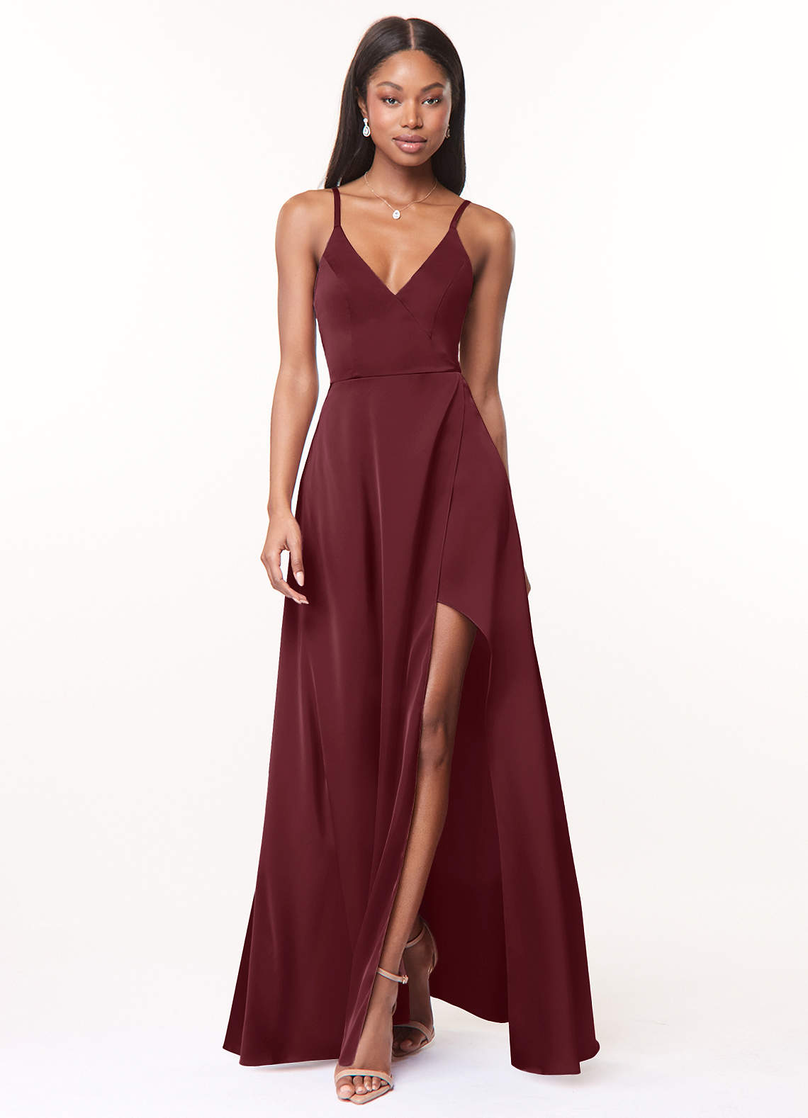 Azazie Maksim Bridesmaid Dresses Cabernet A-Line V-Neck Stretch Satin Dress image1