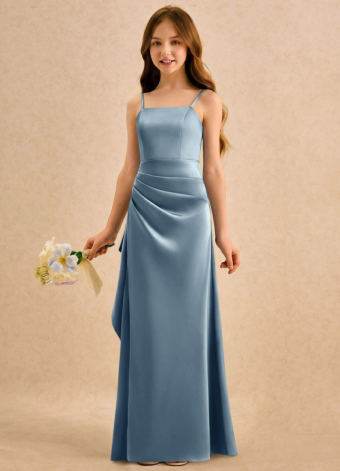 Azazie Cannoli Girls Formal Blomsterpigekjoler A-Line Plisseret Stræk satin Gulv-længde Kjole image2