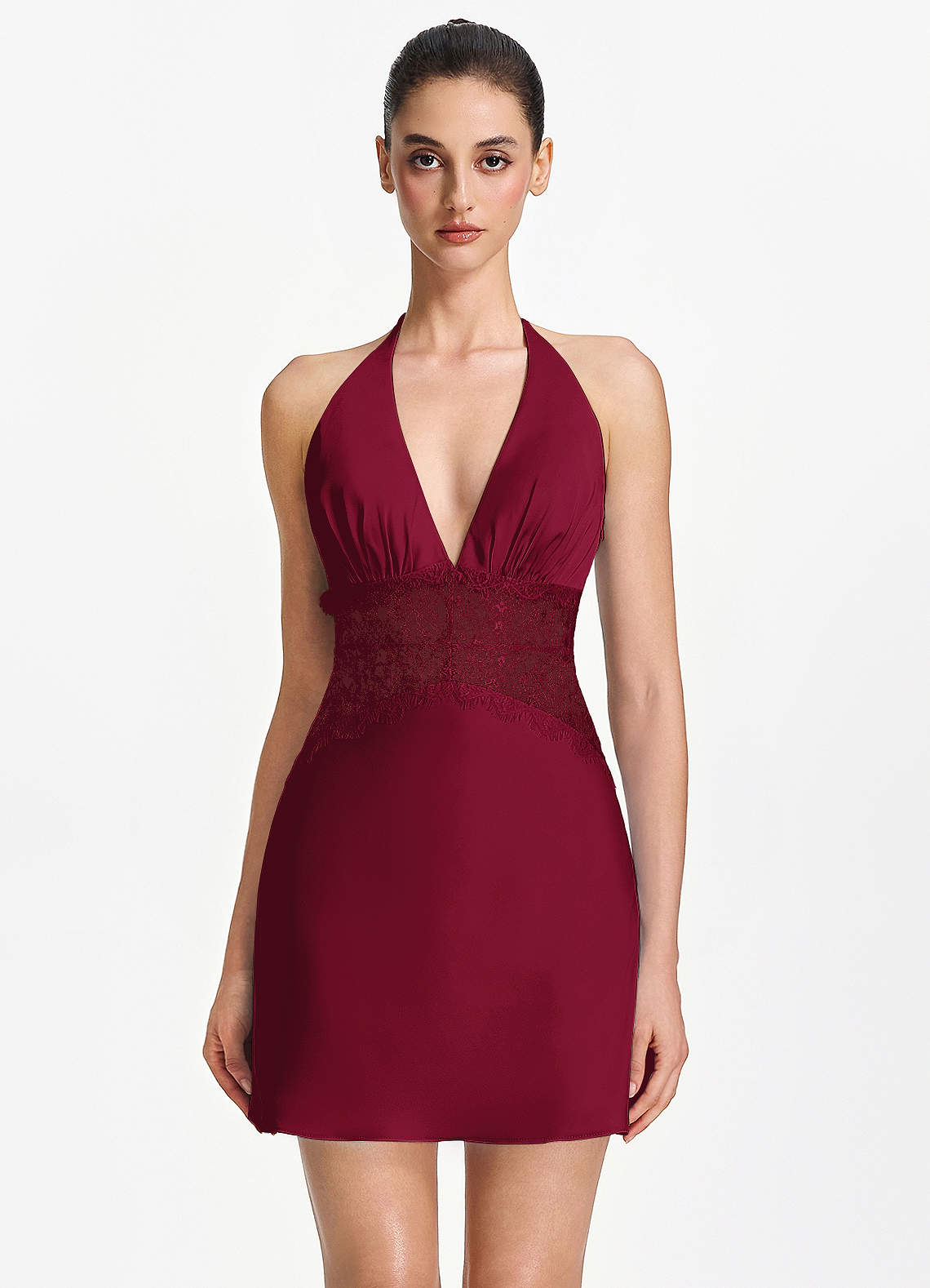 Dorotheiana Merlot Lace Satin Open Back A-line Mini Dress