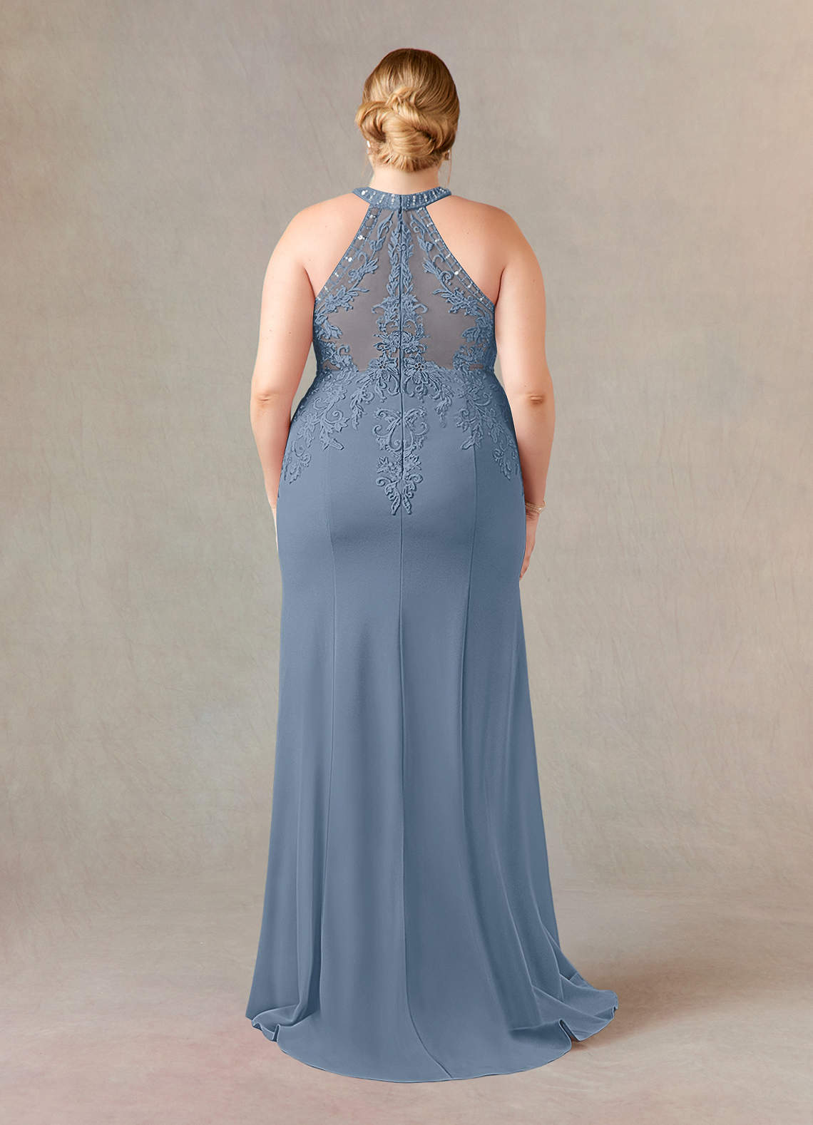 Azazie Tyra Mother of the Bride Dresses Dusty Blue Mermaid Halter Lace Stretch Crepe Dress image8