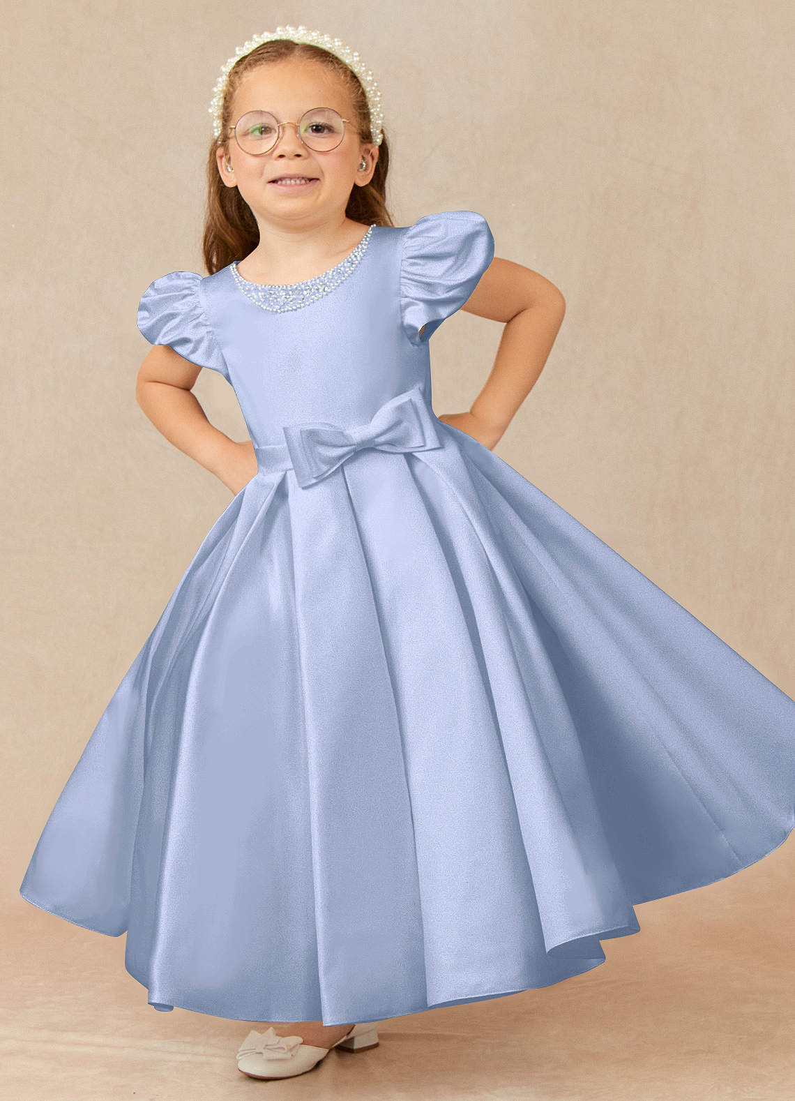 Azazie Jewel Blumenmädchenkleider Ballkleid Plissee Matte Satin Kleid Eis image1