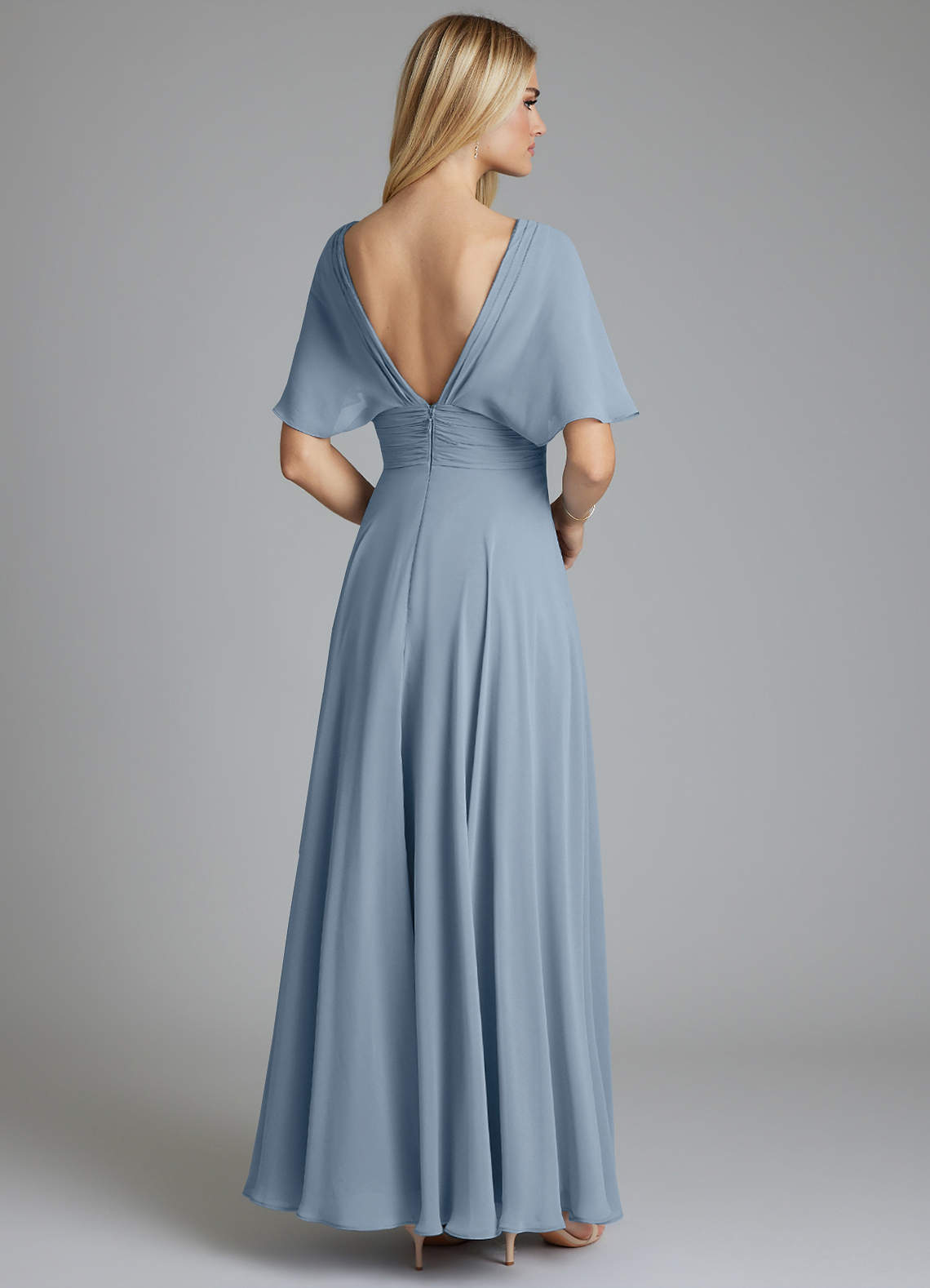 Azazie Pamela Bridesmaid Dresses Dusty Blue A-Line V-Neck Pleated Chiffon Dress image1