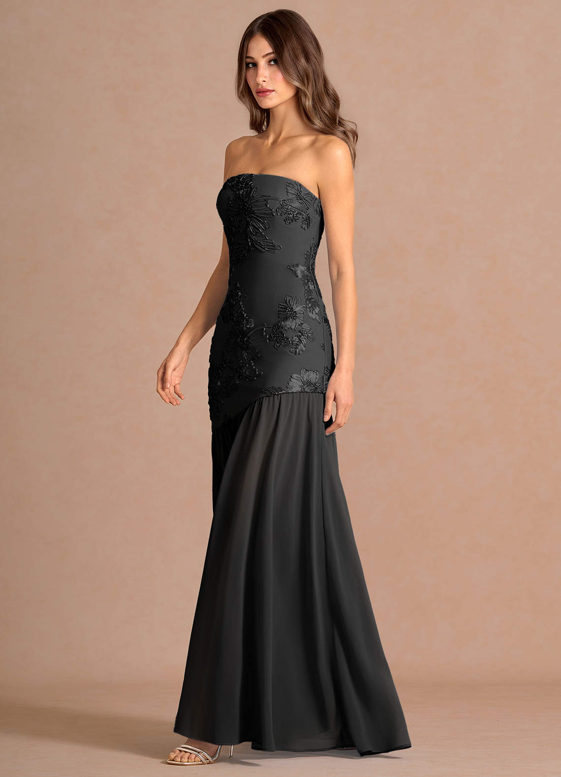 Azazie Plus Size Maxi Dresses A-Line Wedding Guest Formal Dresses Embroidery Strapless Black
