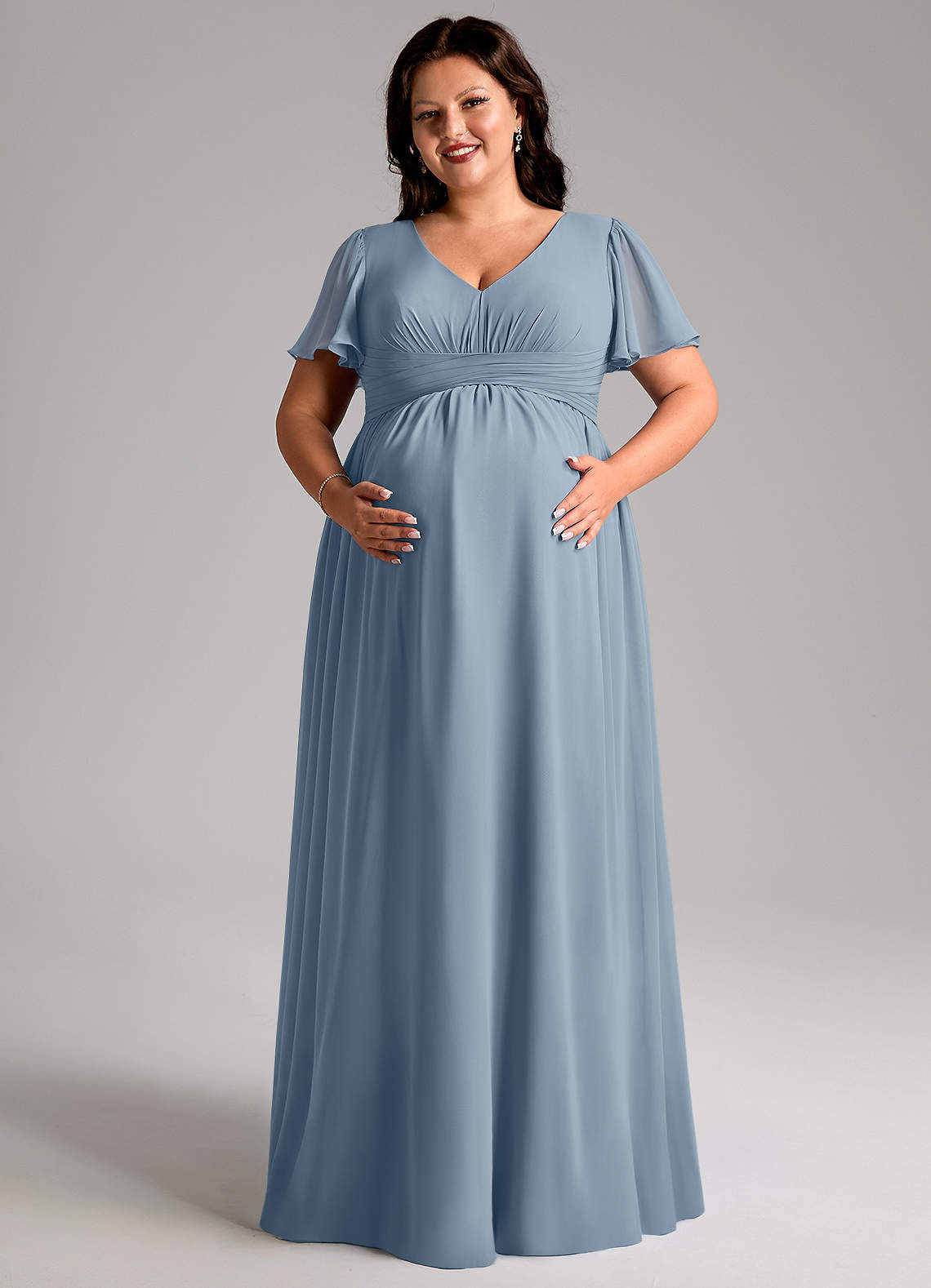 Azazie Verna Vestidos de dama de honra para maternidade Vestido Linha A Ruched Comprimento do chão Chiffon image10