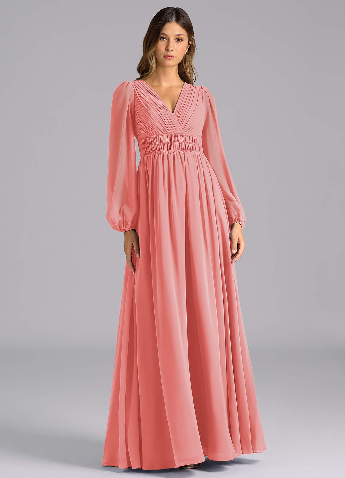 Azazie Palerma Jurken voor bruidsmeisjes Jurk van Chiffon met A-Lijn Lange mouw Koraal image1