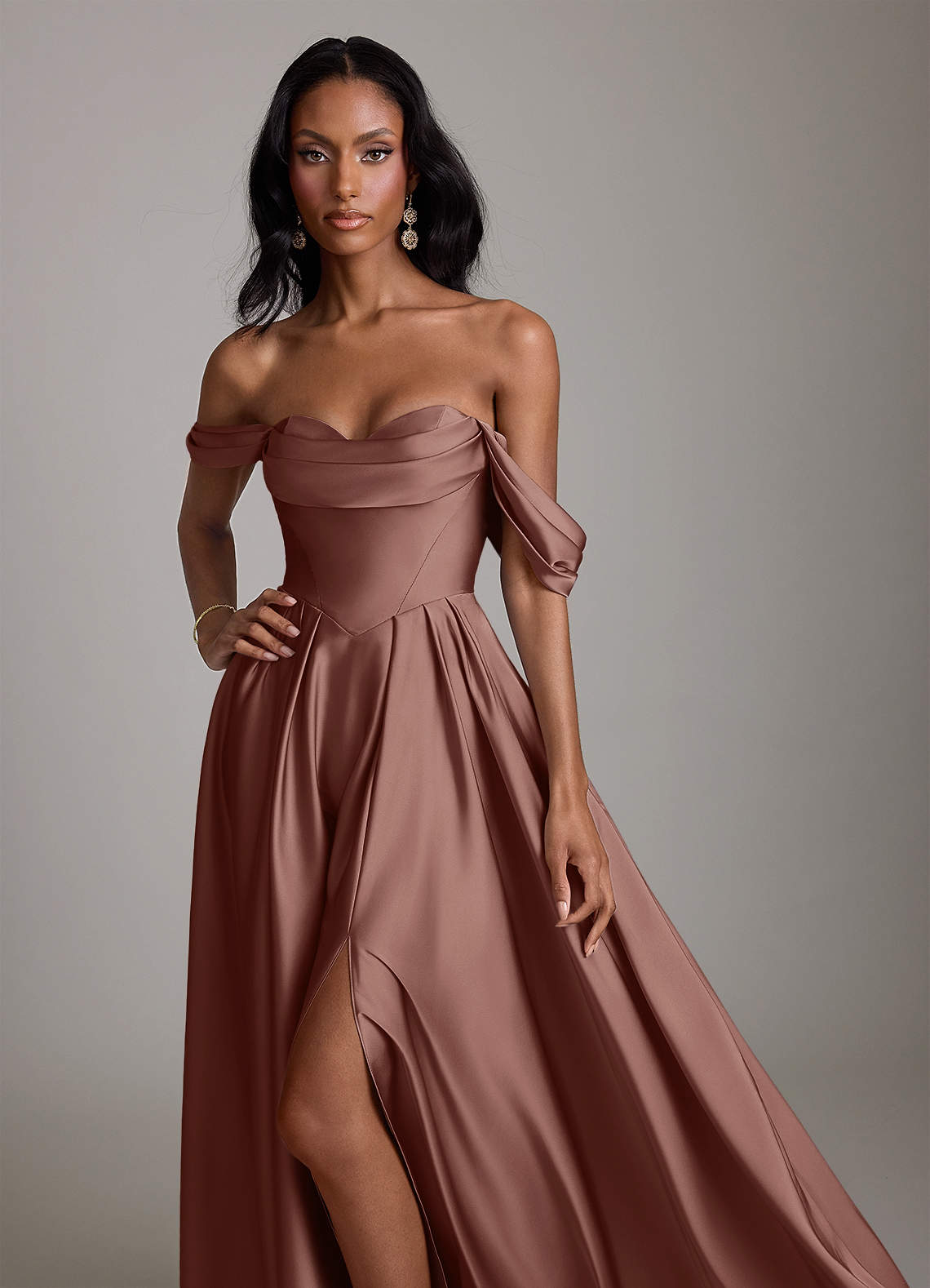 40 bridesmaid dresses Azazie Loisa Espresso Stretch Satin Bridesmaid Dresses