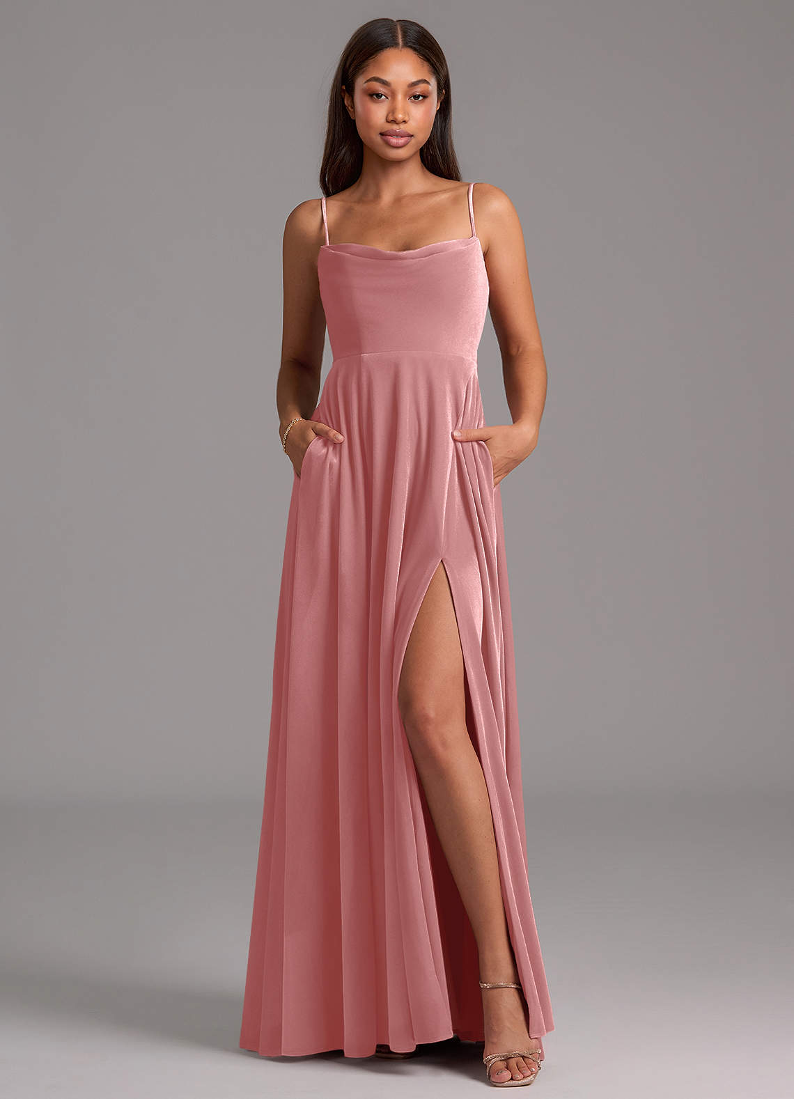 Azazie Elle Abiti da Damigella Abito A-Line in Velluto Con Tasche Rosa Polverosa image1