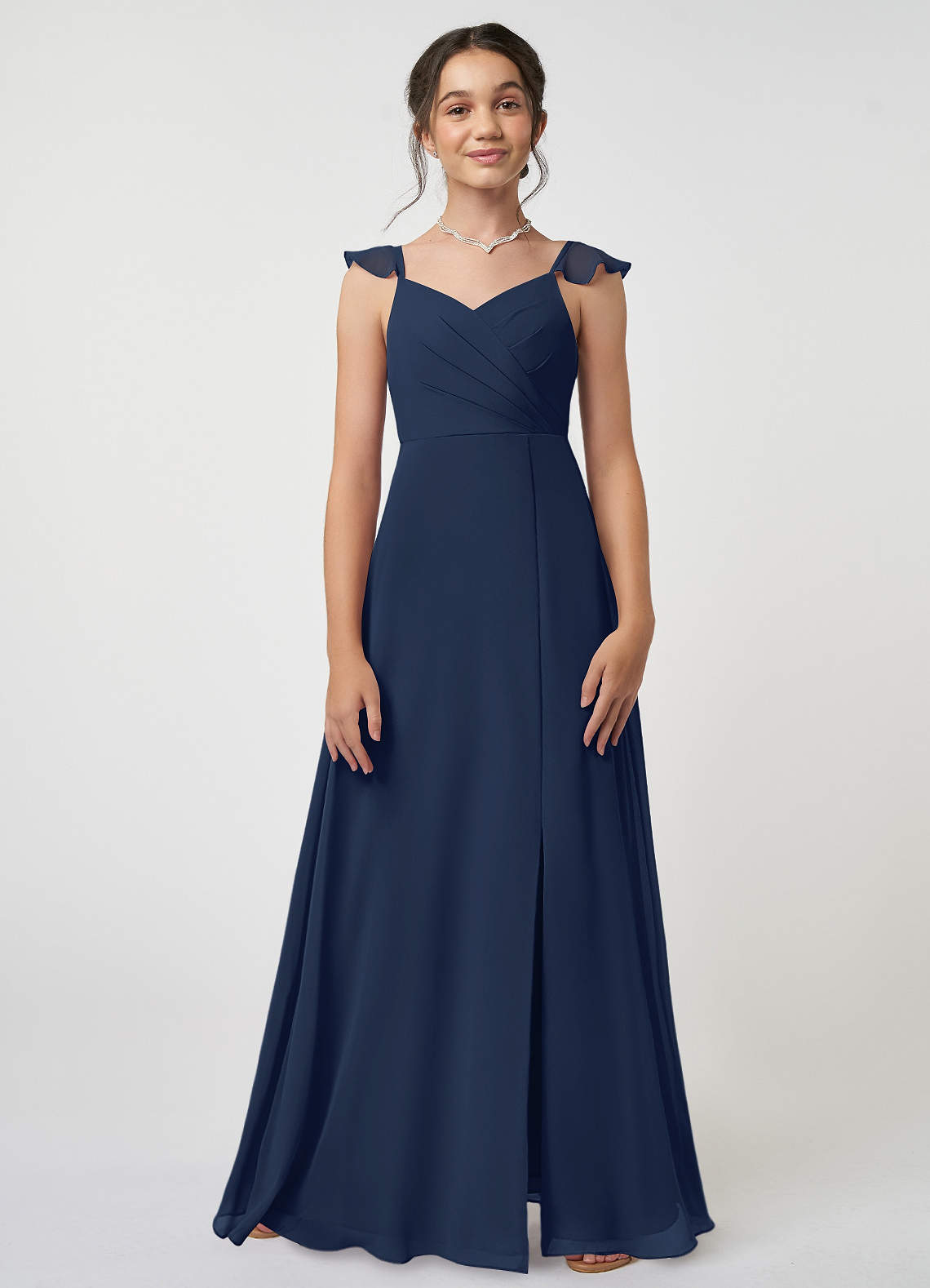 Azazie Amada Junior Dark Navy A-Line Ruched Chiffon Dress image1
