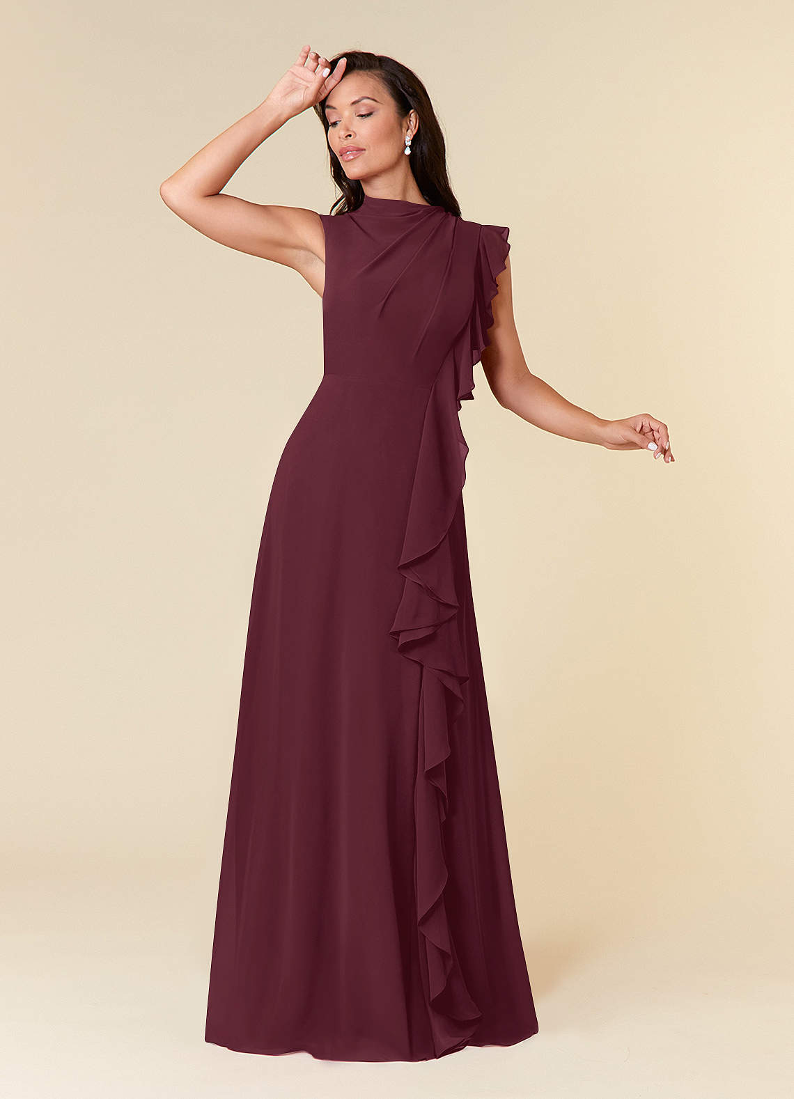 Azazie Narine Mother of the Bride Dresses Cabernet A-Line High Neckline Pleated Chiffon Dress image1