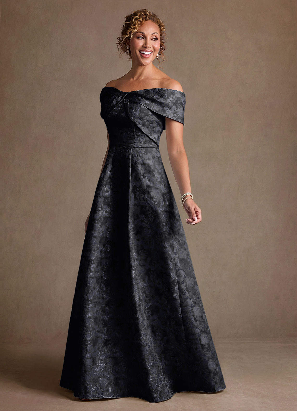 Azazie Harriett Black A-Line Off the Shoulder Floral Jacquard