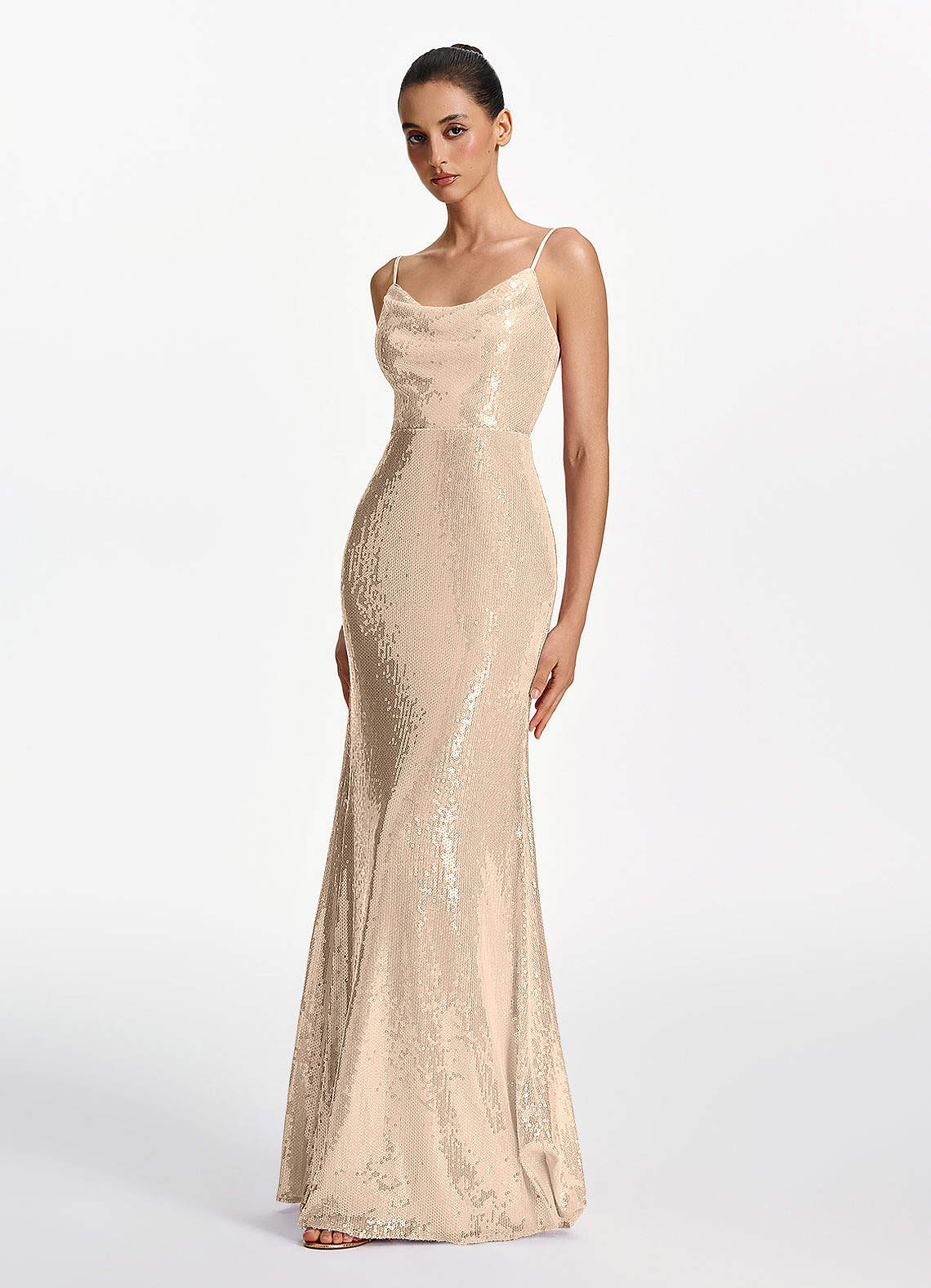 Azazie Champagne Mermaid Floor-Length Birthday Dress Corset Sequins Lace Up Open Back Sequins Cowl