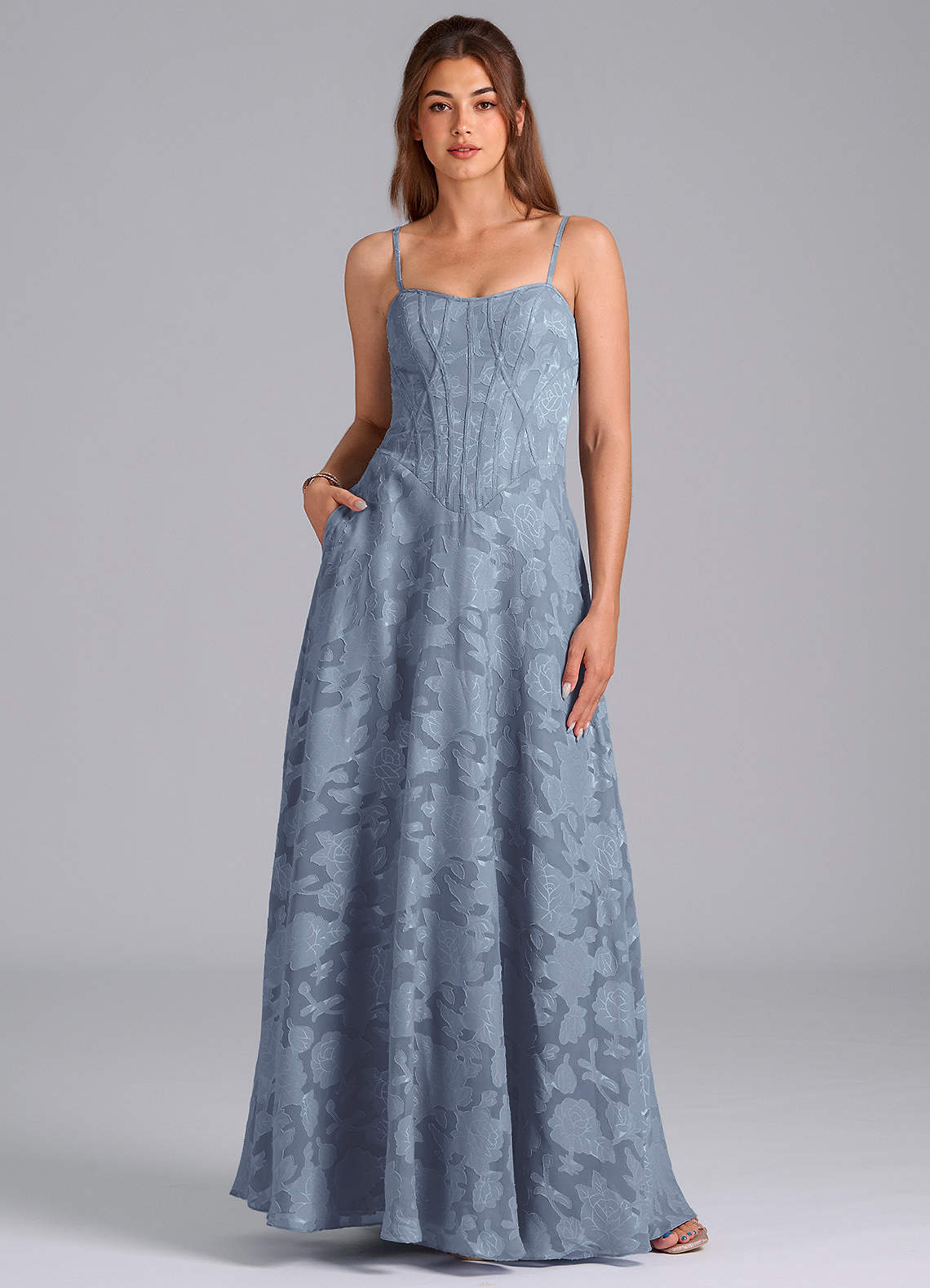 Azazie Stasy Bridesmaid Dresses Dusty Blue A-Line Sweetheart Neckline Floral Burnout Dress image1