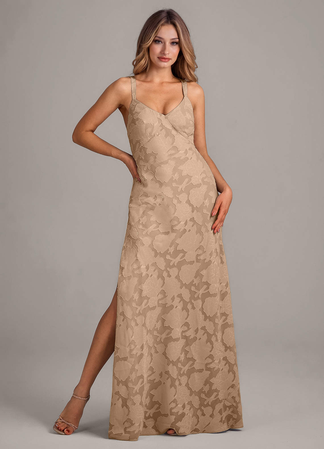 Azazie Aliza Ready to Ship Champagne Floral Burnout Bridesmaid Dresses |  Azazie