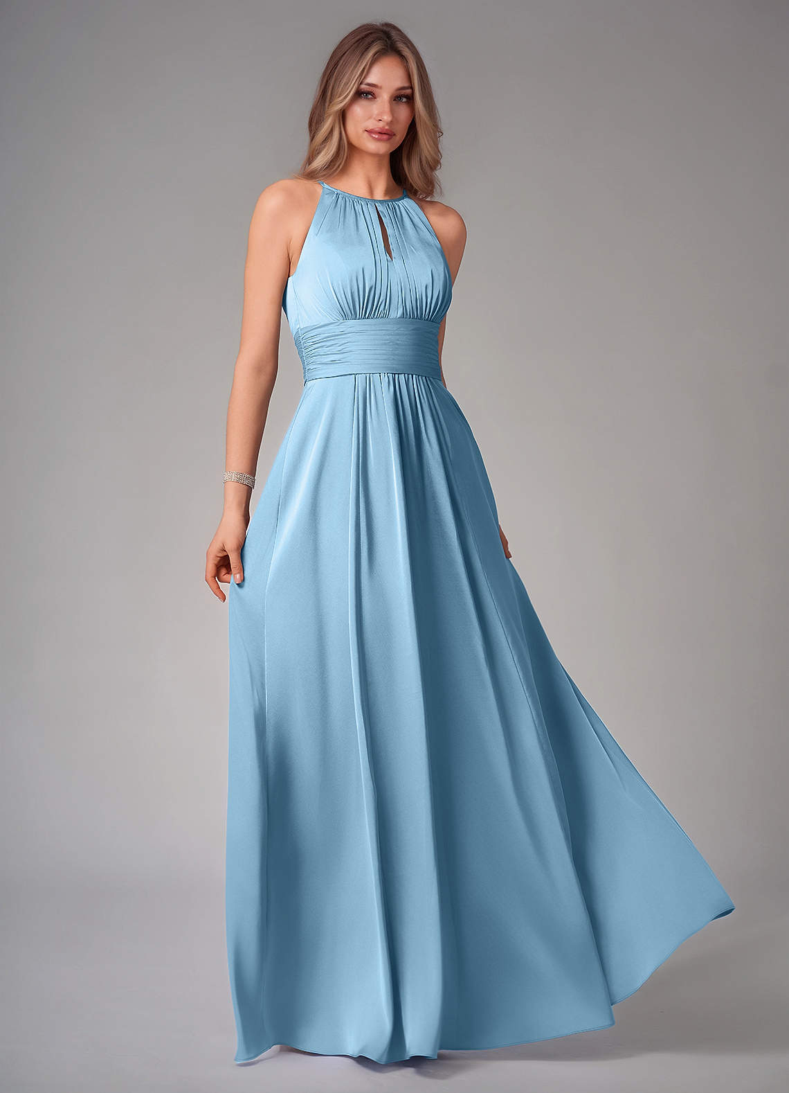 Azazie Bonnie Bridesmaid Dresses Steel Blue A-Line Pleated Stretch Satin Dress image1