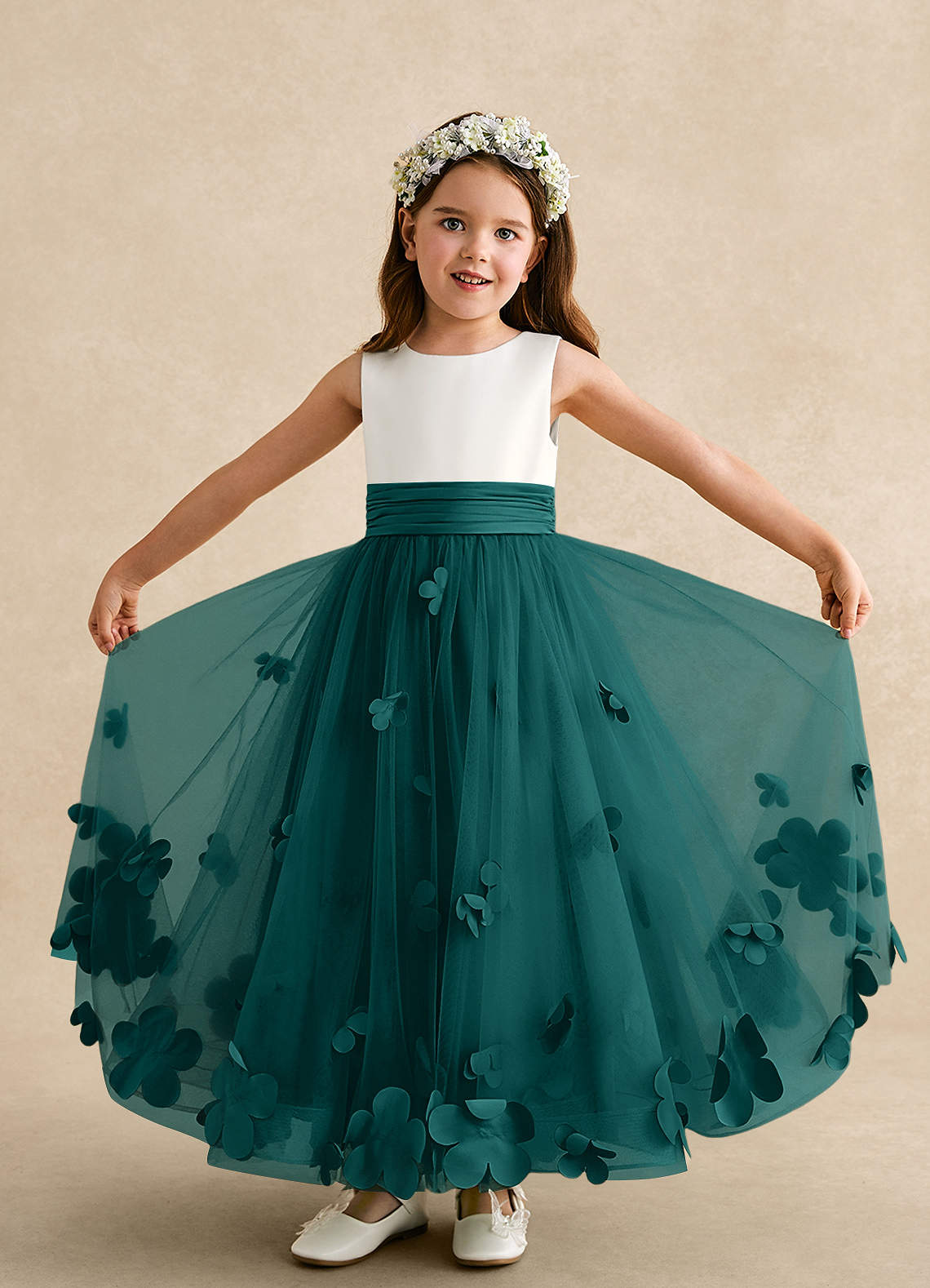 Azazie Vi Robe Demoiselle D'honneur Fillette Robe Trapèze en Tulle Sans manches Paon image4