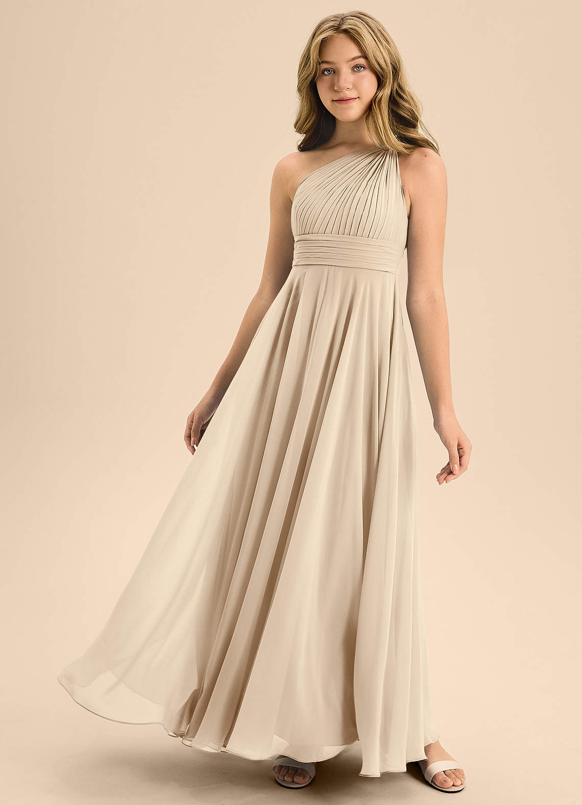 Azazie Charlize Junior A-Linie Plissee Chiffon Kleid Champagner image1
