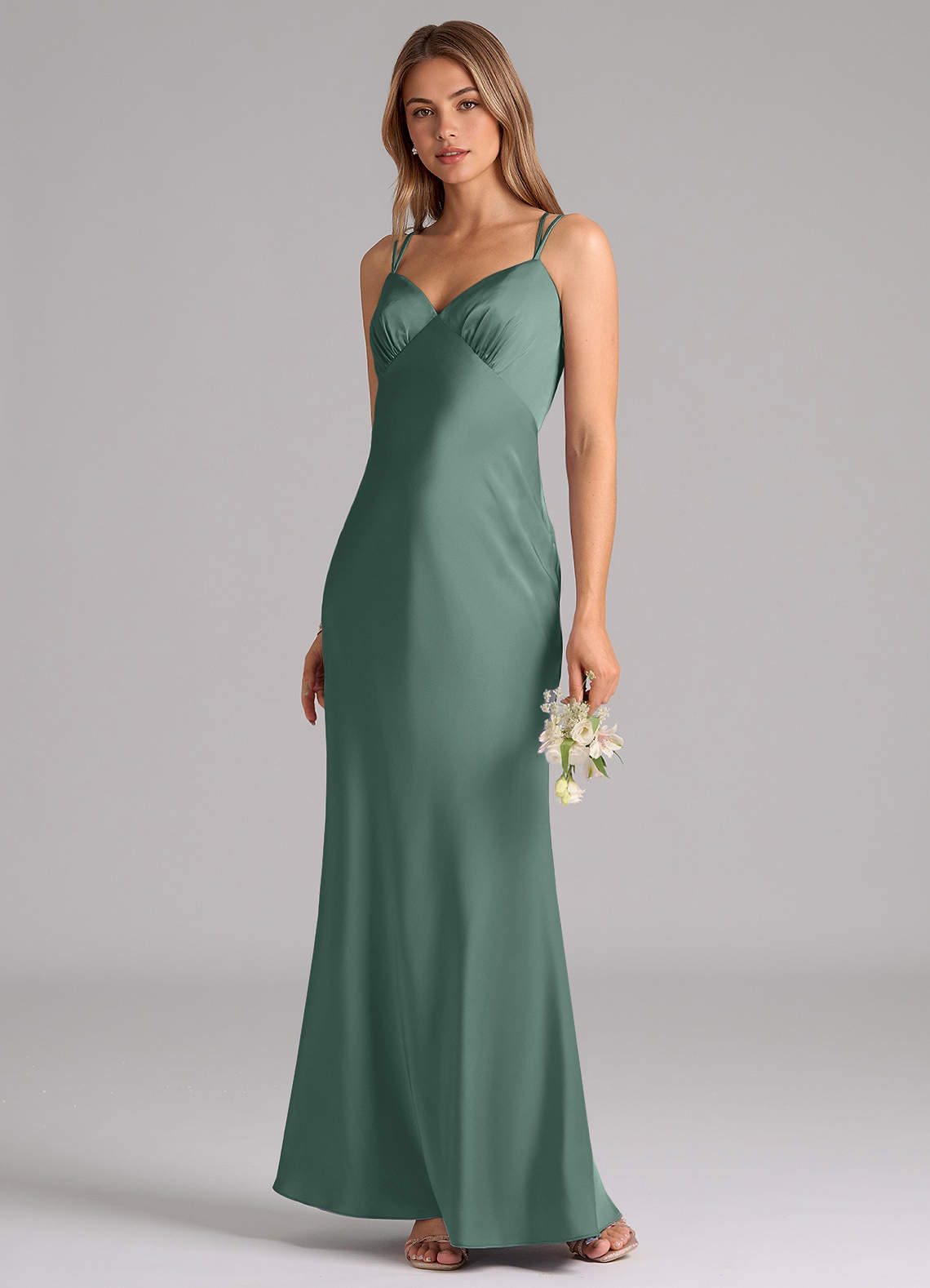 Azazie Suttona Vestidos de damas de honor Vestido de Eucalipto de Satén Elástico de Corte en A con Plisado image3