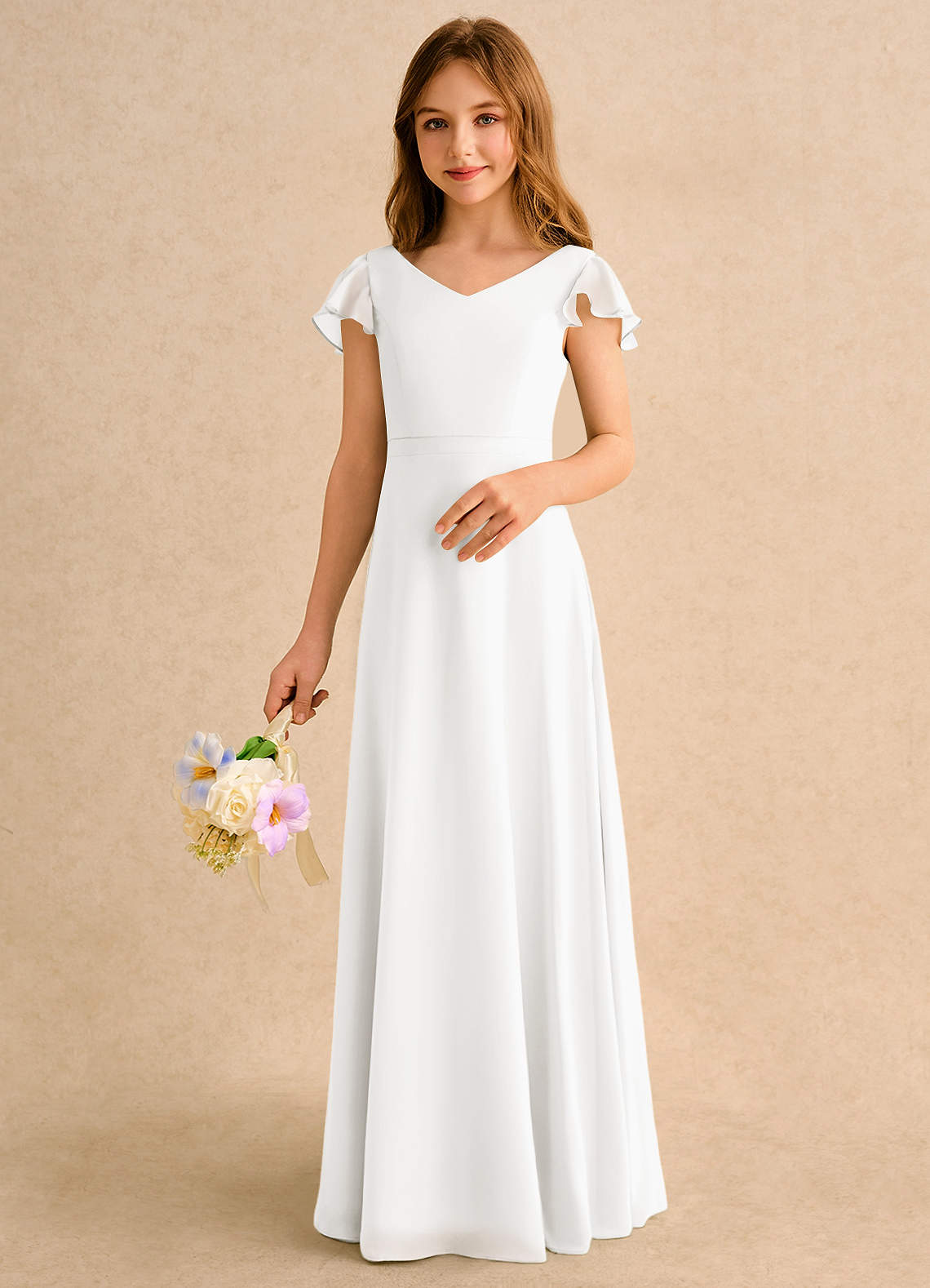 Azazie Nari Girls Formal Blumenmädchenkleider A-Linie mit ärmel Chiffon Kleid Elfenbein image3