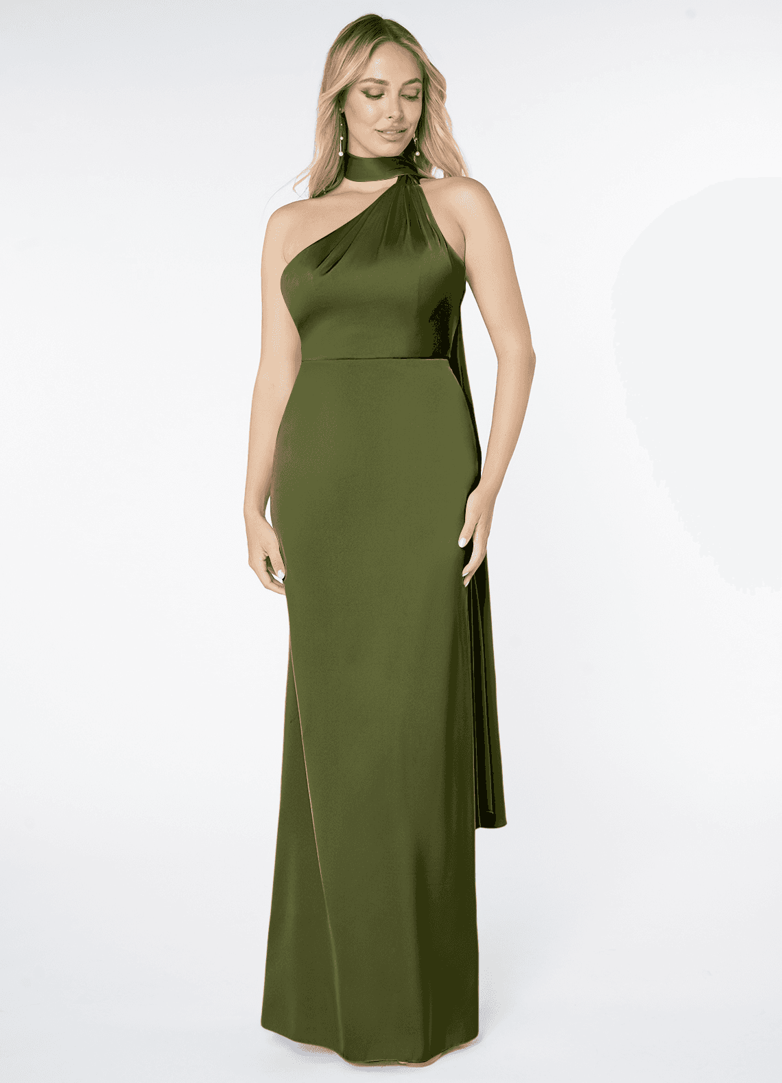 Azazie Kaylani Bridesmaid Dresses Olive Mermaid High Neck Stretch Satin Dress image1