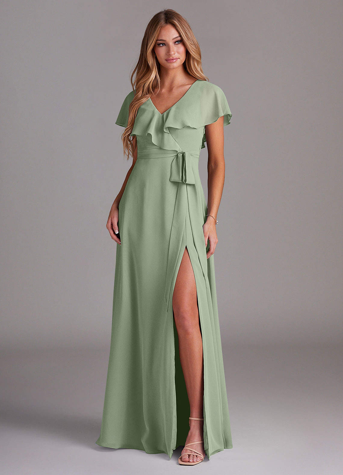 Azazie Lainey Bridesmaid Dresses Dusty Sage A-Line with Pockets Chiffon Dress image2
