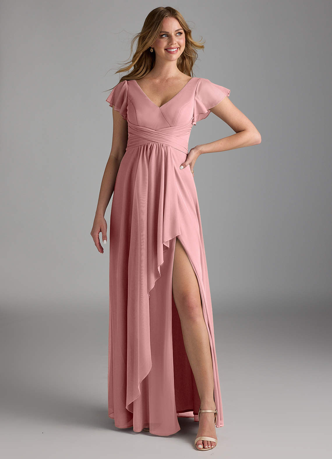 Azazie Omari Bridesmaid Dresses Dusty Rose A-Line Mesh Dress image1