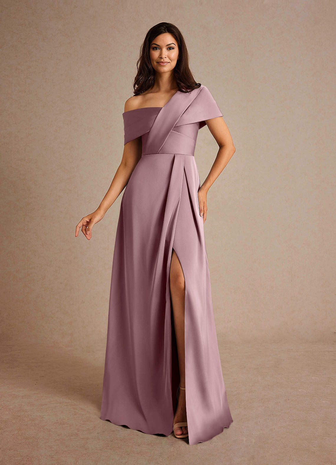 Azazie Milton Mother of the Bride Dresses Dusty Rose A-Line Pleated Stretch Satin Dress image1