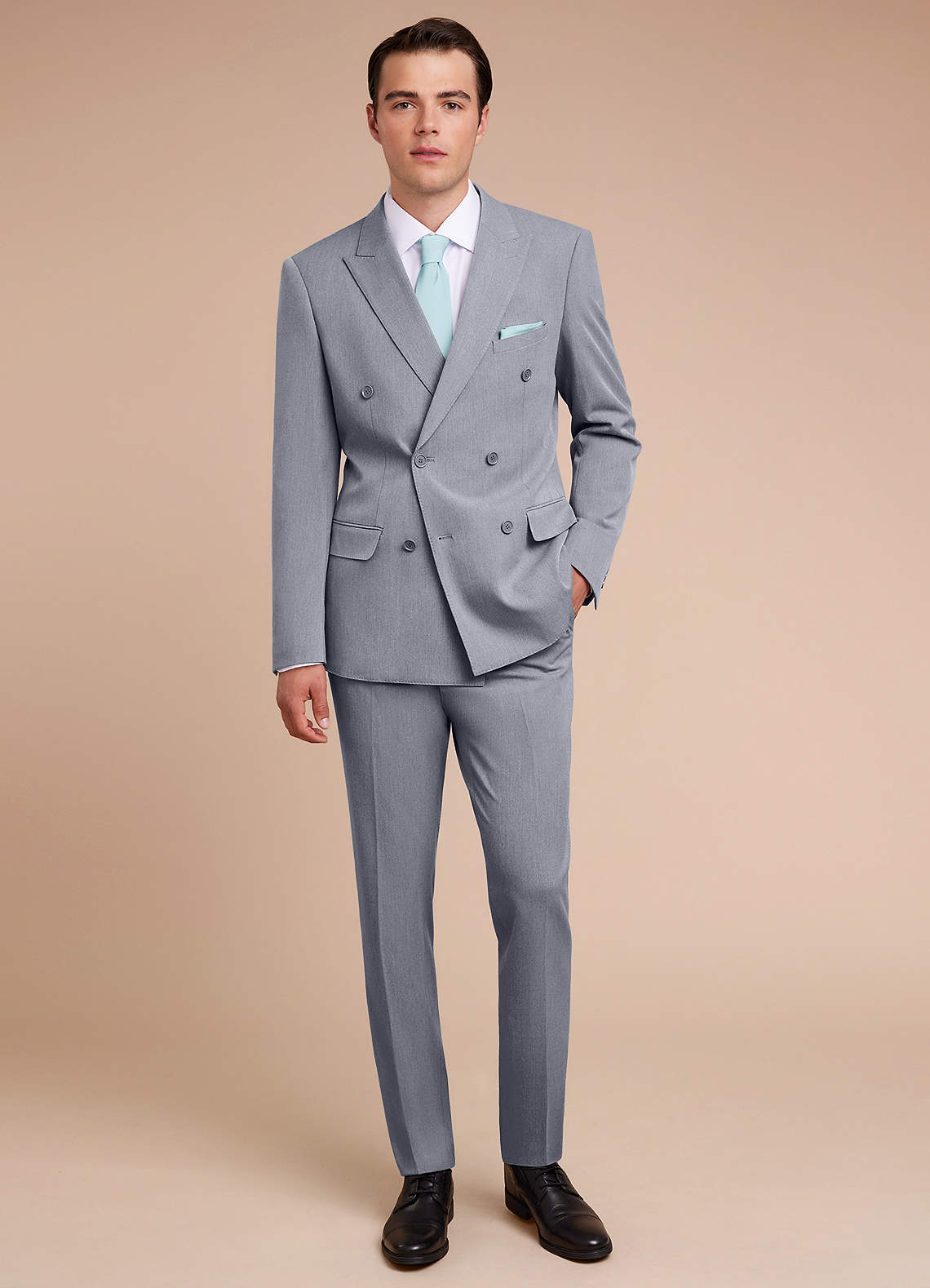 front Collins Grey Double Breasted Wool Blend Suit Jacket