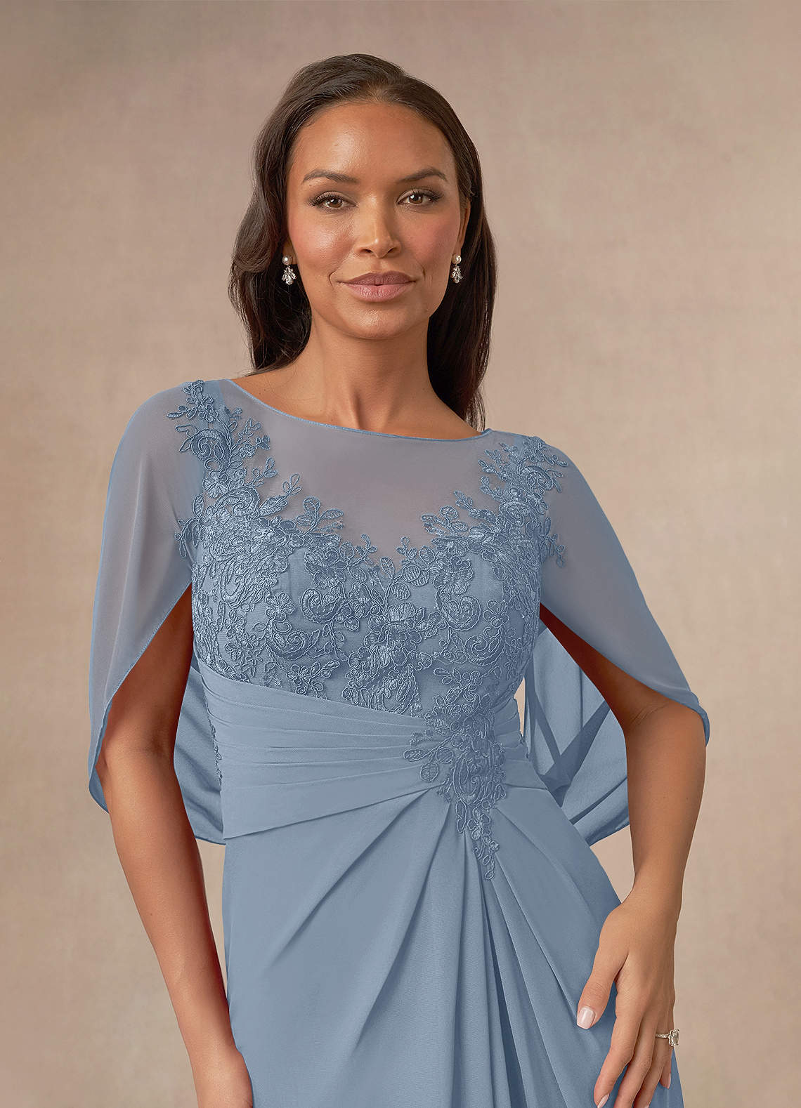 Azazie Hera Dusty Blue A Line Lace Capelet Chiffon Dress Azazie