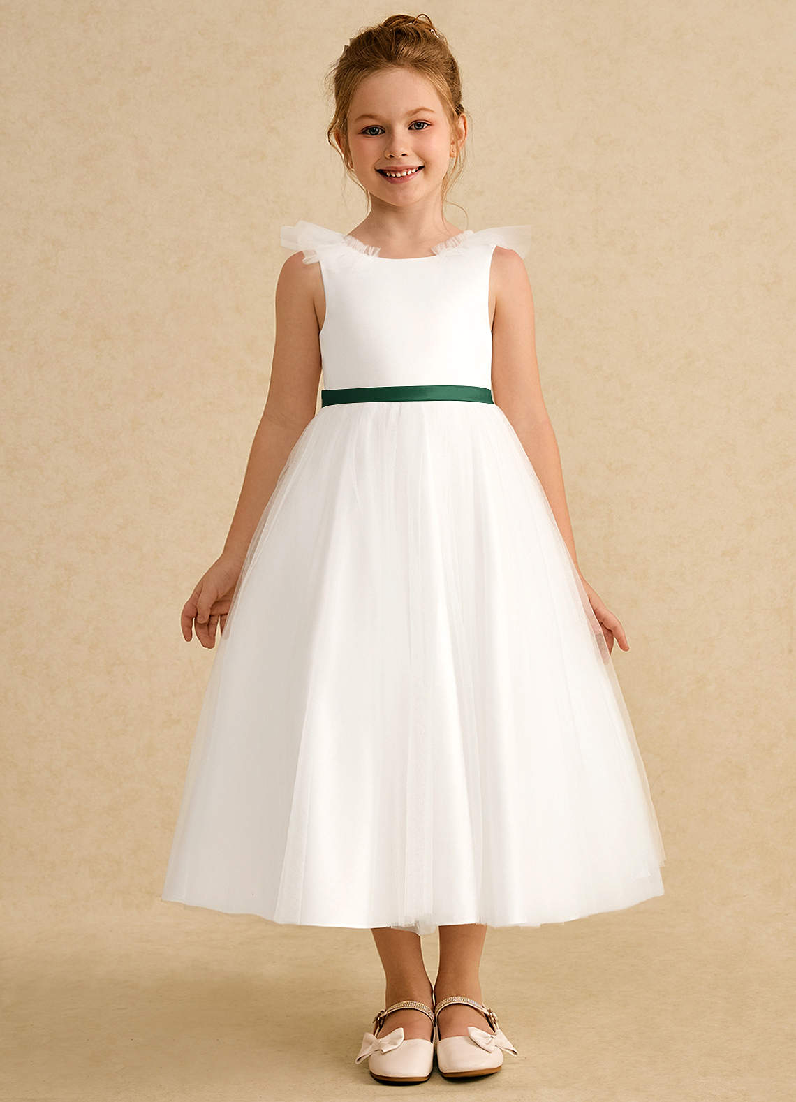Azazie Amber Flower Girl Dresses Ivory Dark Green A-Line Bow Tulle Dress image2