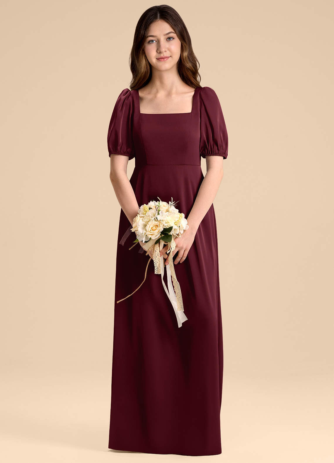 Azazie Briar Junior Vestido de Cabernet de Satén Elástico de Corte en A con Lazo image1