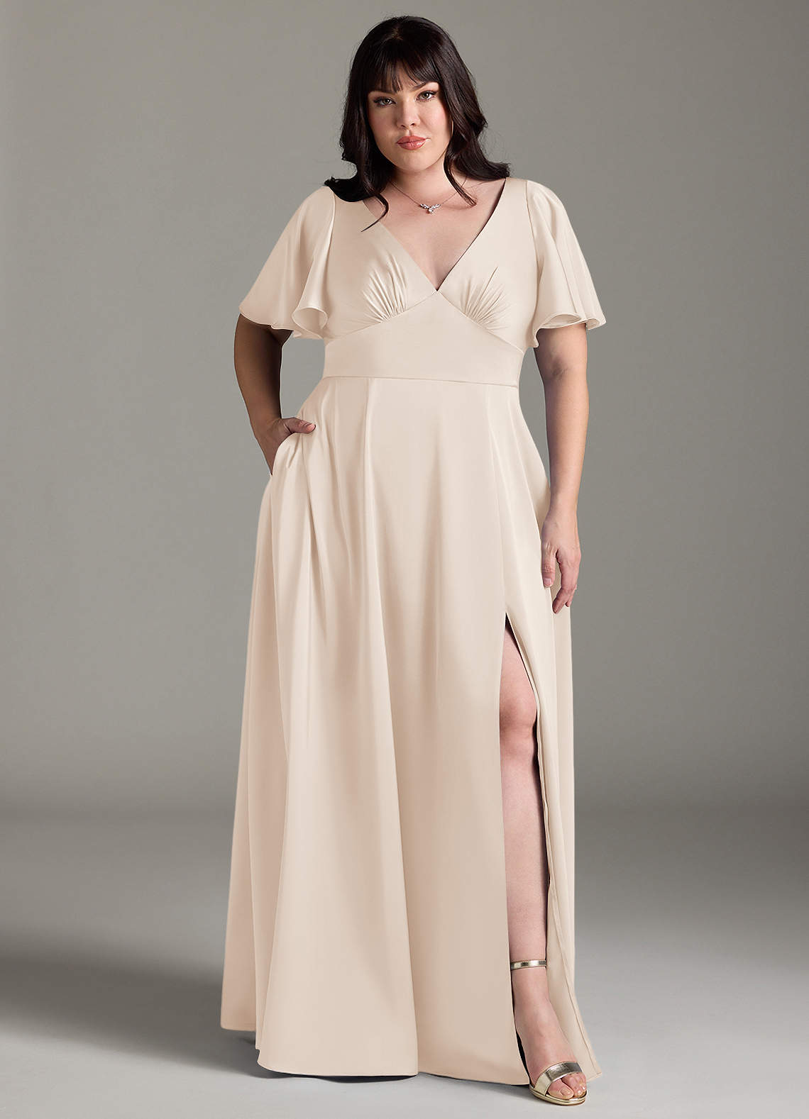 Azazie Kimber Bridesmaid Dresses White Alabaster A-Line Ruched Stretch Satin Dress image1