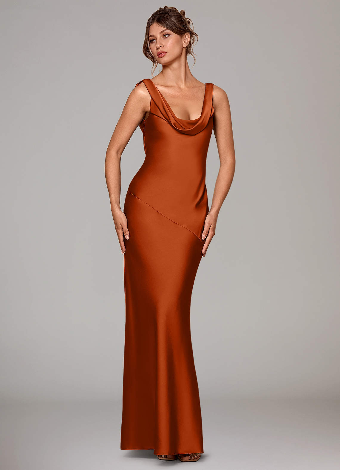 Azazie Rylina Vestidos de damas de honor Vestido de Naranja Quemada de Satén Elástico de Corte Sirena image2