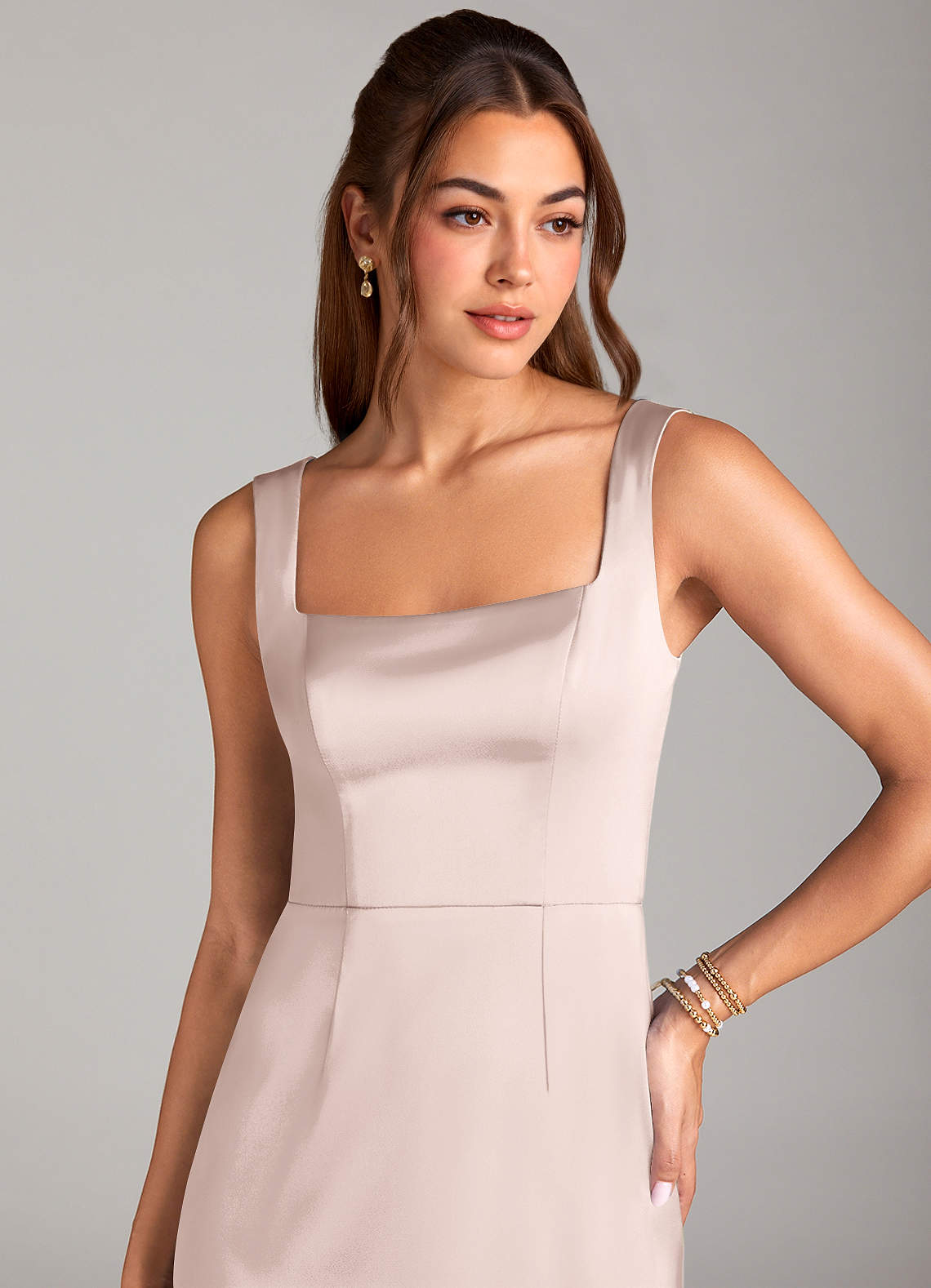 Azazie Flori Bridesmaid Dresses Blushing Pink Sheath Side Slit Stretch Satin Dress image4