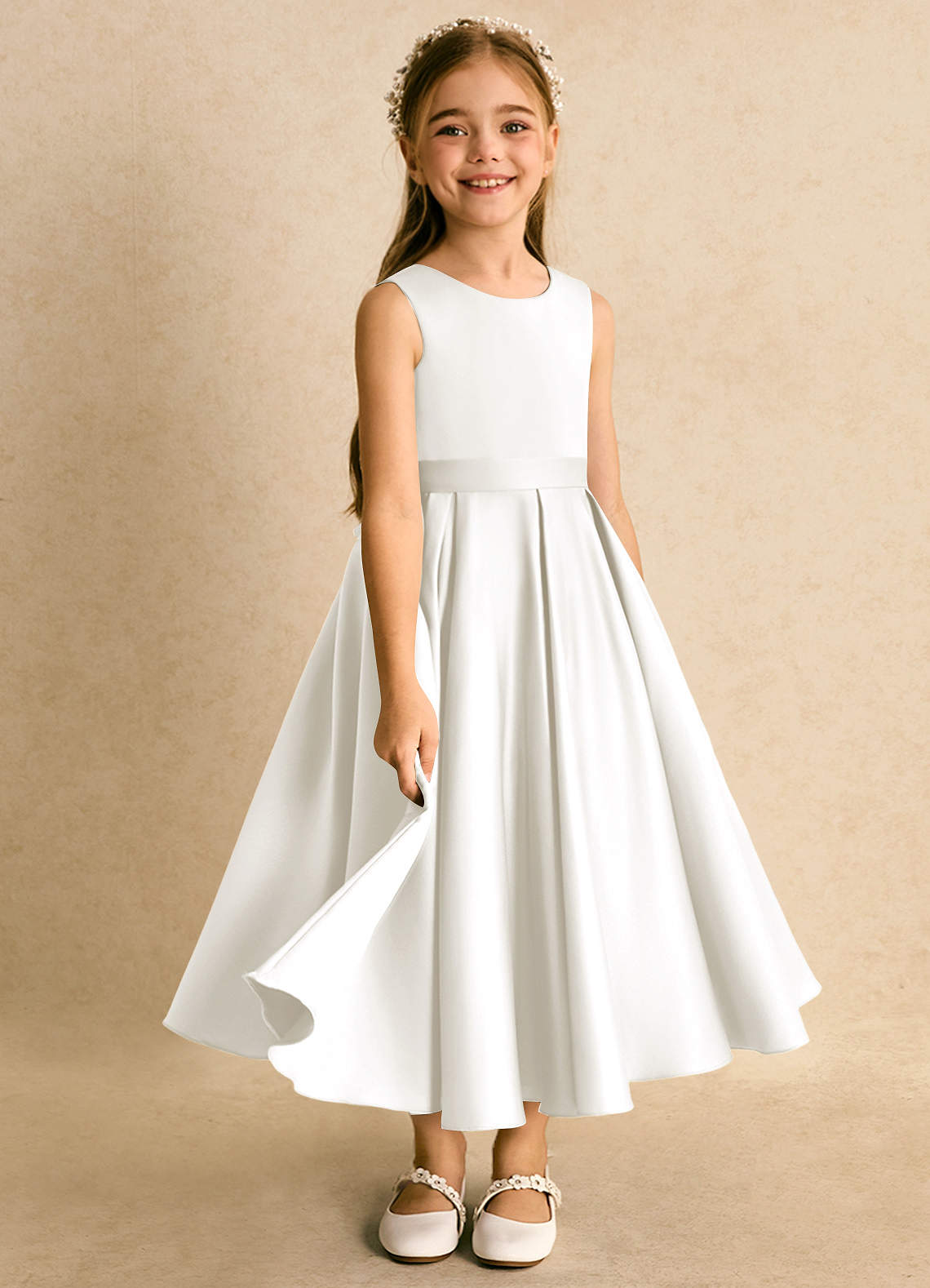Azazie Junebuj vestidos de niña de las flores Vestido de Marfil de Satin Mate de Princesa con Plisado image1