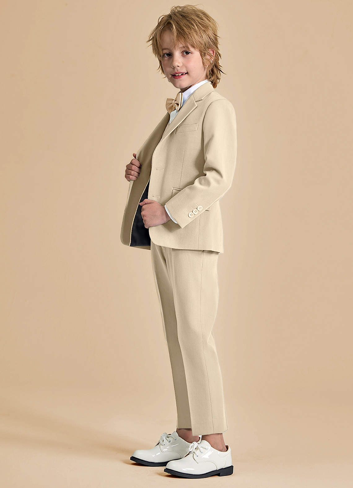 front Oliver Boys Tan 5-Piece Suit With Bow Tie