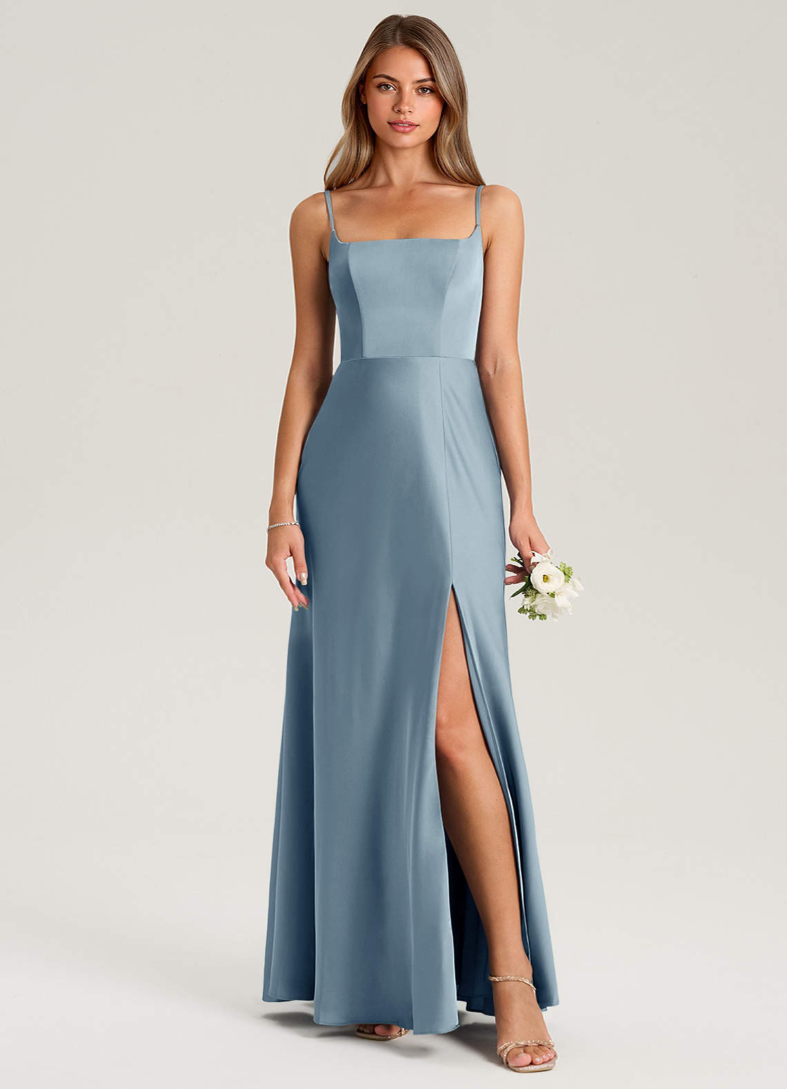 Azazie Lidia Ready to Ship Dusty Blue Stretch Satin Bridesmaid