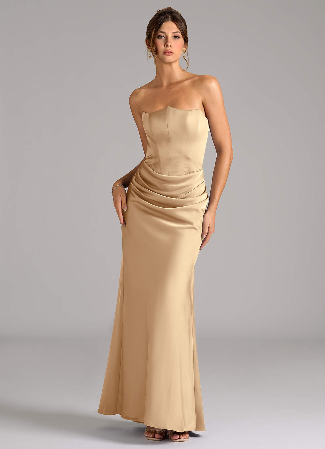 Azazie Debby Bridesmaid Dresses Champagne Mermaid Strapless Stretch Satin Convertible Dress image1