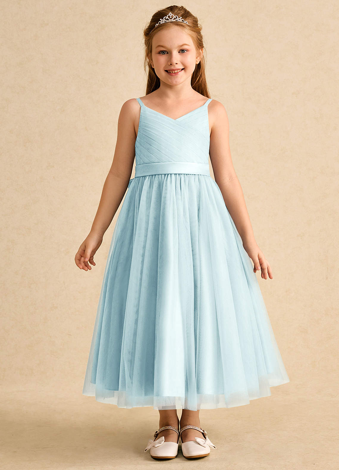 Azazie Patootie vestidos de niña de las flores Vestido de Vidrio Marino de Tul de Corte En A con Tirante Espagueti image1